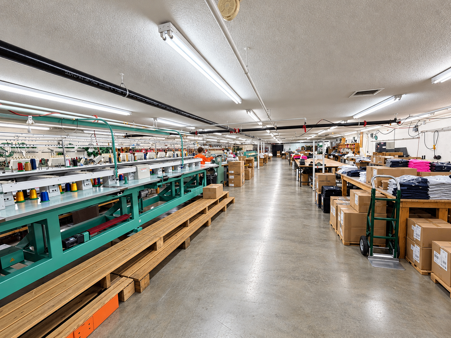 Campus Chalet’s embroidery production floor in Johnson City, East Tennessee