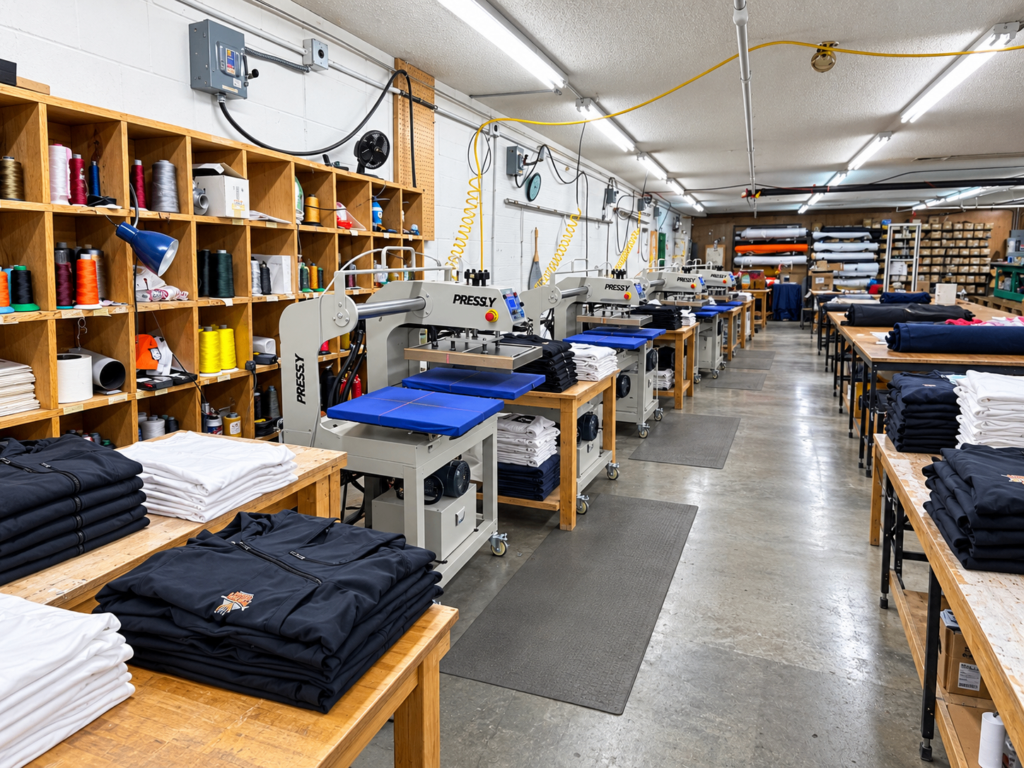 Heat transfer and garment pressing area at Campus Chalet in Johnson City, Tennessee