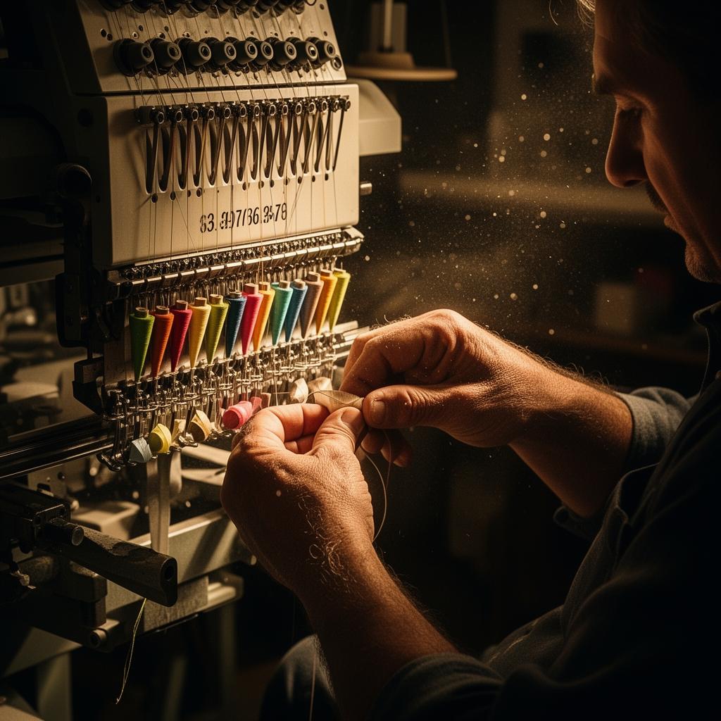 Hands working at an embroidery machine